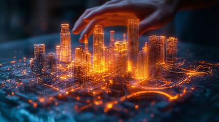 Poster - hands manipulate a vibrant, illuminated city model, showcasing urban planning and architectural desi