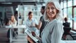 © VK Studio - An elderly woman smiles warmly while holding a tablet in an office environment, with busy colleagues in the background fostering a lively, collaborative atmosphere.