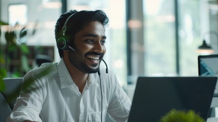 Customer service representative with a headset, smiling while assisting a customer in a modern, open office environment.