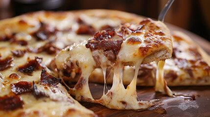 pizza with salami and cheese on wooden table