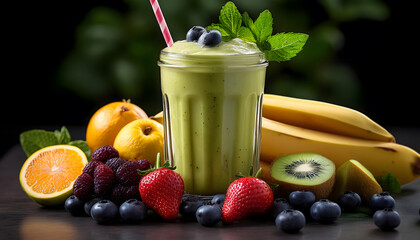 Wall Mural - Fresh mixed fruit smoothie on blurred background