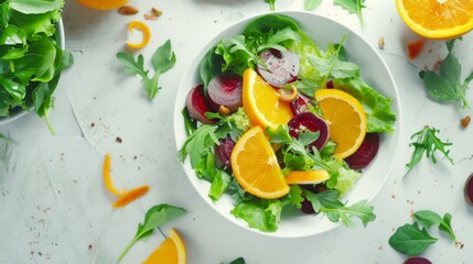 Wall Mural - A vibrant salad featuring orange slices, beetroot, and various greens beautifully arranged in a white bowl, set against a light background.