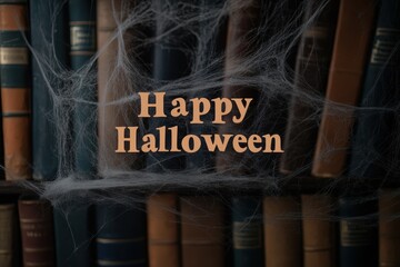 Spooky Library Collage: Images of an old library with dusty books and cobwebs. The text 