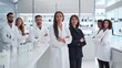 © VK Studio - Group of diverse, confident scientists in lab coats, standing proudly in a bright, modern laboratory, emphasizing teamwork and scientific innovation.