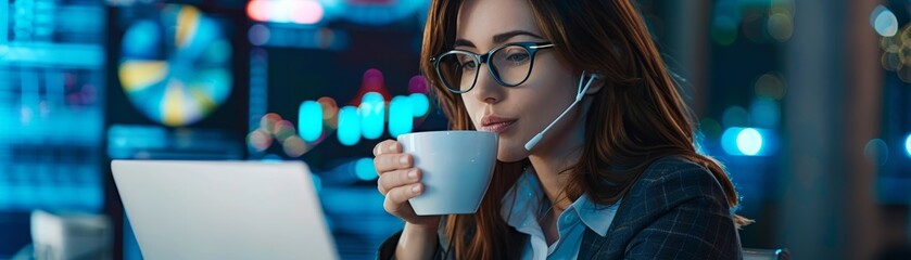 Businesswoman Drinking Coffee in Front of Laptop