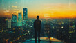 © Teeraphon - Abstract business man stands on the peak of success amid tall, innovative Smart city and graphs with statistics to analyze business potential and predict future developments in company growth.