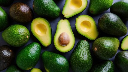 Canvas Print - A bunch of avocados are arranged in a circle with one half cut off, AI