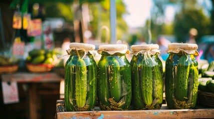 Canvas Print - Rows of pickled cucumbers in mason jars with white lids, displayed on a wooden table at an outdoor market, bathed in warm sunlight.