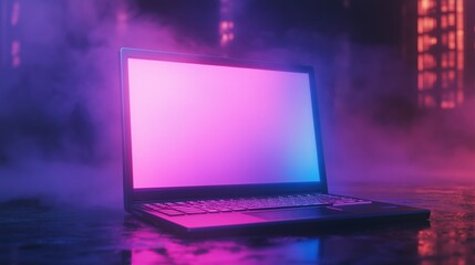 Laptop with a vivid pink and blue neon screen sits in a dark, foggy setting, illuminated by colorful lighting. Perfect for technology, cyberpunk, or futuristic-themed projects.