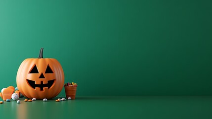 A carved Halloween pumpkin with candy and decorations against a green background, perfect for festive holiday themes and autumn celebrations.