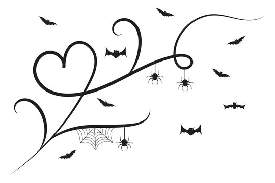 
set of Halloween Bats flourish swirls, hand-drawn fancy lines Calligraphy Ornament vine scroll decorative elements, black and white filigree curls, page decor wedding ornate holiday design element
