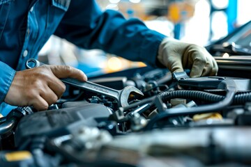 Auto mechanic repairing engine with tools in boutique garage for commercial automotive stock photo