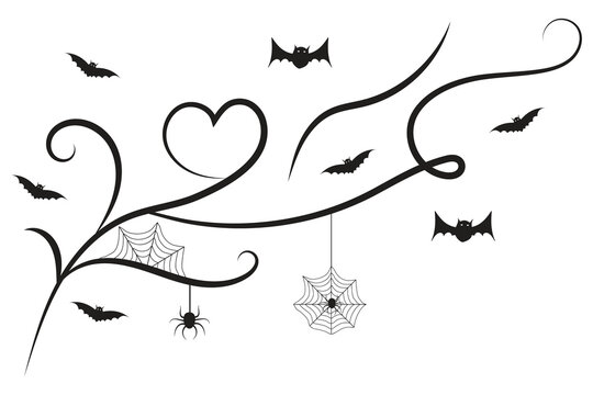 
set of Halloween Bats flourish swirls, hand-drawn fancy lines Calligraphy Ornament vine scroll decorative elements, black and white filigree curls, page decor wedding ornate holiday design element
