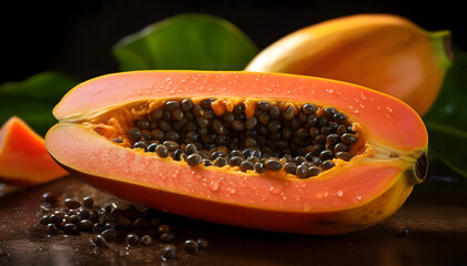 Wall Mural - Papaya fruit and slice on dark blurred background