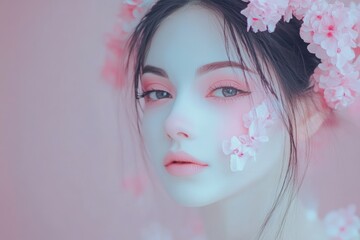 Serene beauty with pastel pink flowers in portrait