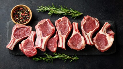 Raw Lamb Chops with Fresh Herbs on Dark Slate Background