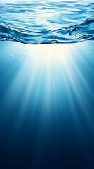 Wall Mural - abstract underwater scene with sunlight penetrating water surface, gradients from light blue to dark
