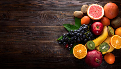 Wall Mural - Mixed fruits placed on a wooden table dark background, Orange, Grape, Blue berry, Strawberry, Apple with copy space