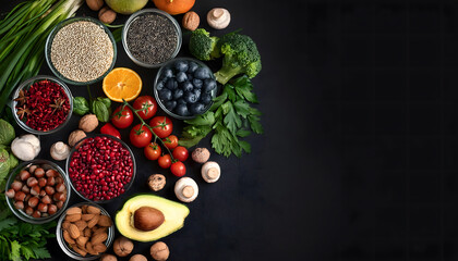 Wall Mural - Vegetables, fruits, nuts, berries and mushrooms, parsley, spices. On a black background