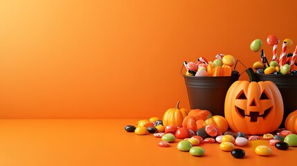 Festive Halloween scene with pumpkins, a jack-o'-lantern, and candy in black containers on an orange background, perfect for autumn celebrations.