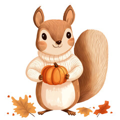 Wall Mural - autumn squirrel wearing cozy sweater holding orange pumpkin