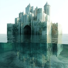 Wall Mural - 3D Render of a sunken city ruins submerged underwater, on isolated white background