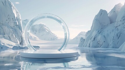 Wall Mural - 1. Ice landscape, frozen lake, circular ice podium, large arch, snowy mountains, pale sky, winter scene, 3D rendering, photorealistic, product display, minimalist design, cold color palette,