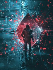 Poster - A lone hacker shatters a digital firewall, with colorful fragments scattering in a dark, futuristic setting, highlighting cybersecurity threats. Generative AI
