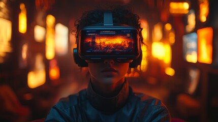 Poster - A person experiences virtual reality with a headset on, surrounded by vibrant screens emitting colorful light.