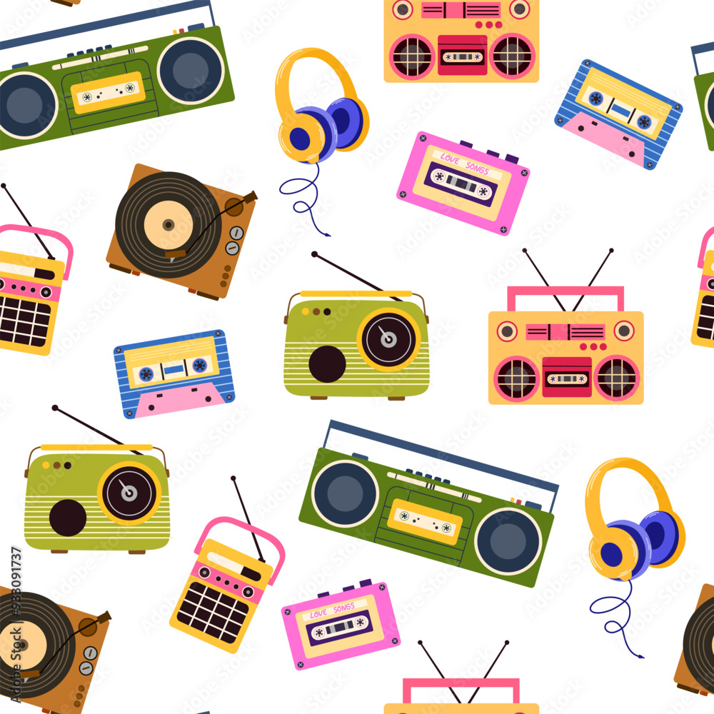 Retro Music Pattern Retro music pattern. Seamless background with old cassettes, boomboxes ...