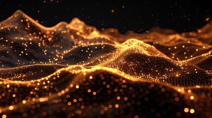 Wall Mural - Abstract tech dots bokeh waves gold black background