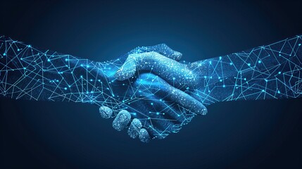 Poster - Two digital network hands shake against dark blue background technology communication