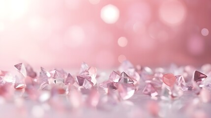 Wall Mural - Pink diamonds scattered on reflective surface with soft pink and white gradient background.