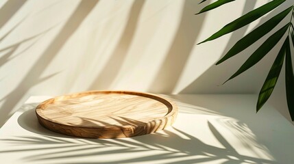 Wall Mural - 3. Circular wooden platform for product display, palm leaf shadows creating tropical vibe, minimalist arrangement, soft white background, natural textures, clean composition, rustic wood grain,