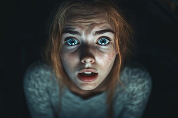 Portrait of a young woman with blue eyes experiencing fear, her face illuminated in the dark