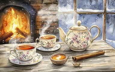 Poster - A painting of a tea set with a teapot, two cups, and a bowl of cinnamon sticks