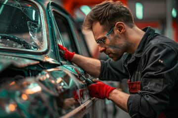 Wall Mural - Skilled mechanic employs spotter tool for precise car body panel repair post accident