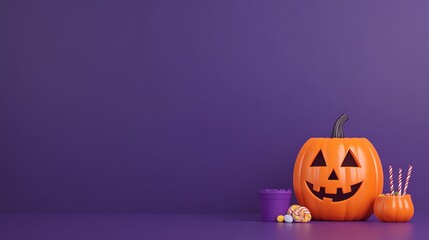 Halloween setup with a carved pumpkin, candy, and purple background, perfect for any spooky celebration or decoration.