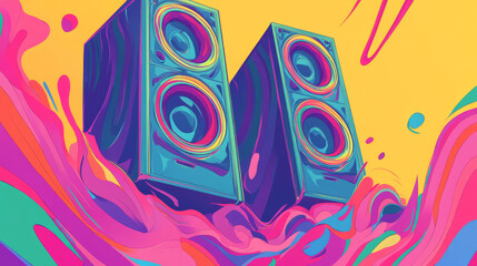 Wall Mural - Pop art 60s psychedelic colorful trippy retro style image of speaker towers with music coming out of them in powerful rhythmic waves in music dance party rave atmosphere background with copy space