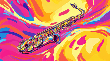 Wall Mural - Pop art 60s psychedelic colorful trippy retro style image of jazzy saxophone with music coming out of it in waves in music dance party atmosphere background with copy space