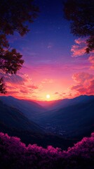 Wall Mural - Vibrant sunset over a tranquil mountain valley with a clear view of the stars in the sky, creating a magical and serene landscape.