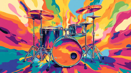 Wall Mural - Pop art 60s psychedelic colorful trippy retro style image of drum kit with cymbals, music coming out of them in powerful rhythmic waves in music dance party rave atmosphere background with copy space