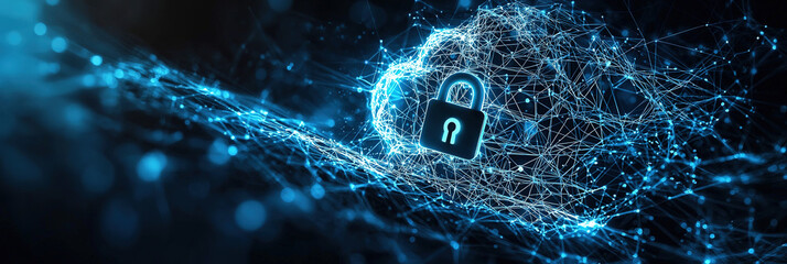 Wall Mural - Dark blue background, network cloud protected by lock, techy, matrix