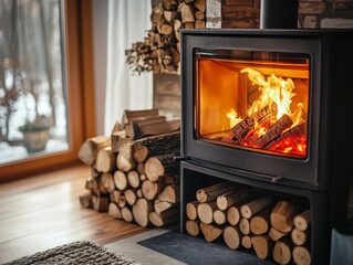 Modern stove with fire next to wood log rack  sustainable heating in contemporary home fireplace