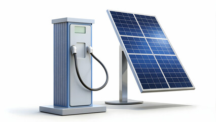 3d Flat icon as EV charging station and solar panel symbolizing renewable energy with ample space for text. concept as An EV charging station next to a solar panel representing renewable energy and su