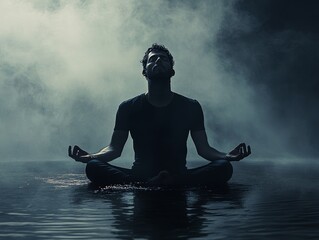 Wall Mural - Man meditating in lotus position for spiritual awakening and finding inner peace