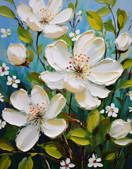 Wall Mural - Abstract white spring or summer flowers, canvas oil painting. Beautiful floral bouquet, summer nature