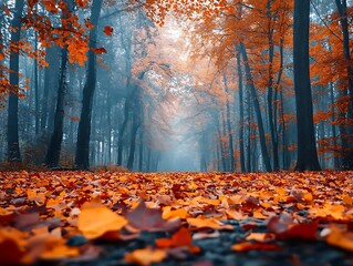 Canvas Print - Autumn Forest Path with Fallen Leaves - Photo