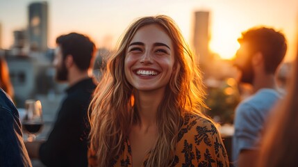 Envision office staff enjoying an after-work social event. They are gathered at a local café or rooftop bar, laughing, sharing stories, and unwinding after a productive day