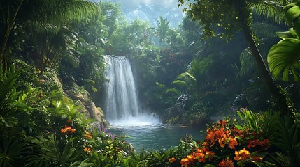 Tranquil Rainforest Waterfall with Lush Greenery and Vibrant Flowers